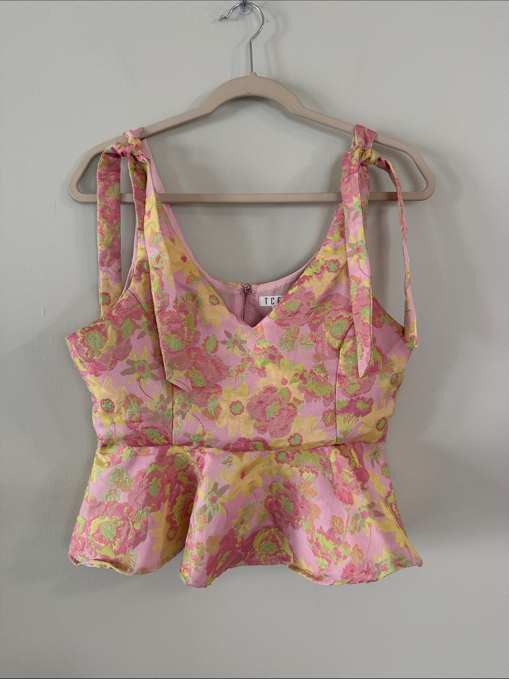 TCEC Pink & Yellow Floral Tie-Shoulder Peplum Camisole